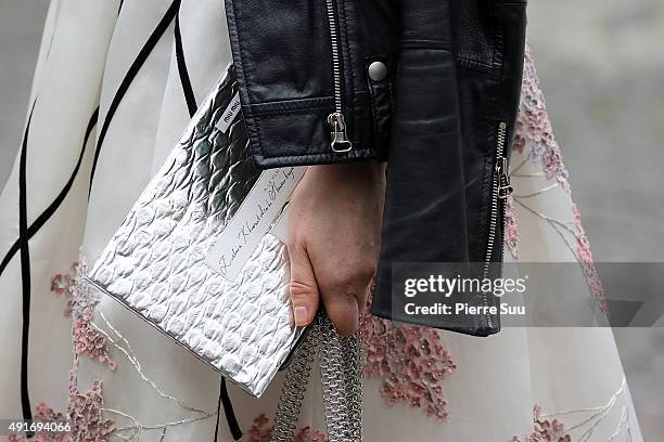 Evelina Khromtchenko, patern detail, arrives at the Miu Miu show as part of the Paris Fashion Week Womenswear Spring/Summer 2016 on October 7, 2015...