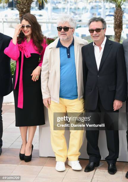 Actress Erica Rivas, producer Pedro Almodovar and actor Oscar Martinez attend the "Wild Tales" photocall at the 67th Annual Cannes Film Festival on...