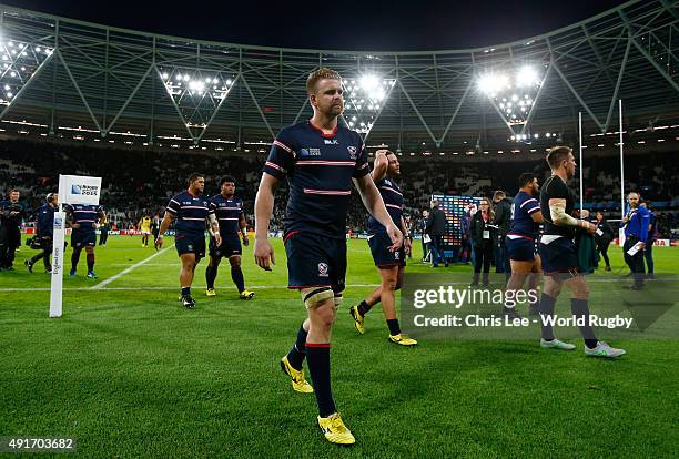 Dejected USA players leave the field after a 62-0 defeat during the 2015 Rugby World Cup Pool B match between South Africa and USA at the Olympic...