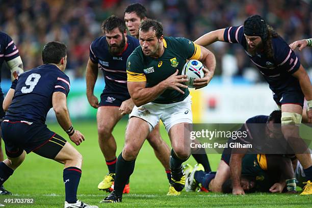 Bismarck Du Plessis of South Africa breaks during the 2015 Rugby World Cup Pool B match between South Africa and USA at the Olympic Stadium on...