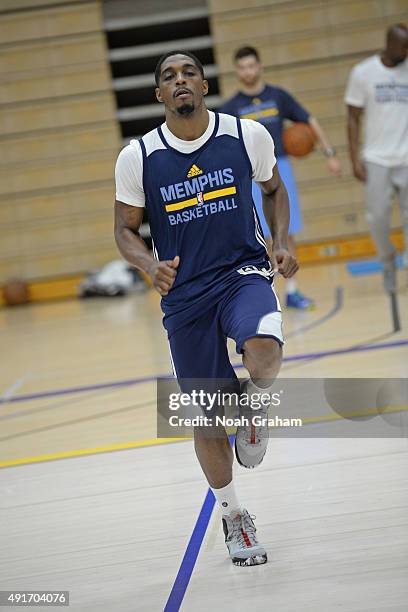 Jordan Adams of the Memphis Grizzlies stretches during training camp at University of California, Santa Barbara on October 02, 2015 in Santa Barbara,...