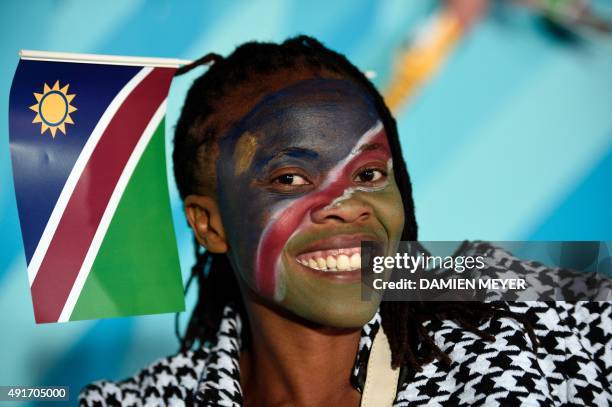 Namibia supporter smiles prior to a Pool C match of the 2015 Rugby World Cup between Namibia and Georgia at Sandy Park in Exeter, southwest England,...