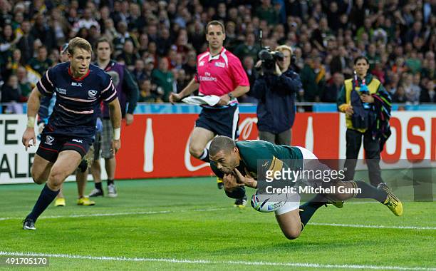 Bryan Habana of South Africa drops a ctach and fails to score a try during the 2015 Rugby World Cup Pool B match between South Africa and USA at...