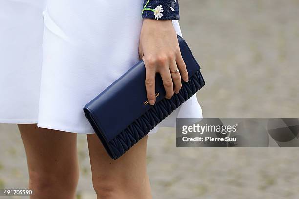Stacy Martin, handbag detail, arrives at the Miu Miu show as part of the Paris Fashion Week Womenswear Spring/Summer 2016 on October 7, 2015 in...