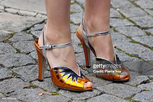 Millie Brady, shoe detail, arrives at the Miu Miu show as part of the Paris Fashion Week Womenswear Spring/Summer 2016 on October 7, 2015 in Paris,...