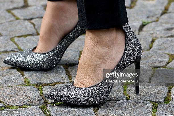 Carine Roitfeld, shoe detail, arrives at the Miu Miu show as part of the Paris Fashion Week Womenswear Spring/Summer 2016 on October 7, 2015 in...