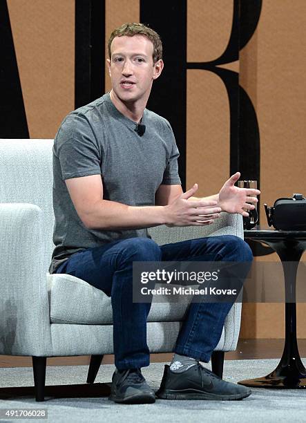 Facebook Founder, Chairman and CEO Mark Zuckerberg speaks onstage during "Now You See ItThe Future of Virtual Reality" at the Vanity Fair New...