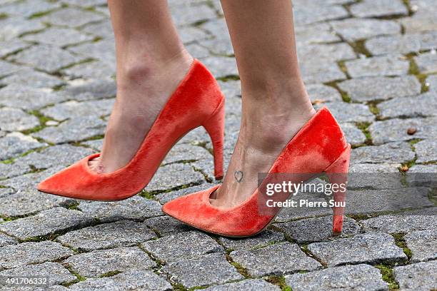 Helena Bordon, shoe detail, arrives at the Miu Miu show as part of the Paris Fashion Week Womenswear Spring/Summer 2016 on October 7, 2015 in Paris,...