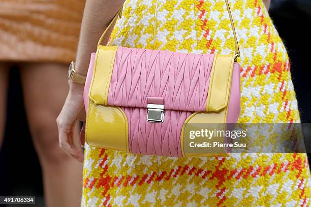 Helena Bordon, handbag detail, arrives at the Miu Miu show as part of the Paris Fashion Week Womenswear Spring/Summer 2016 on October 7, 2015 in...