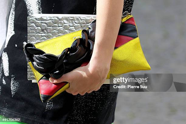 Leigh Lezark, handbag detail, arrives at the Miu Miu show as part of the Paris Fashion Week Womenswear Spring/Summer 2016 on October 7, 2015 in...