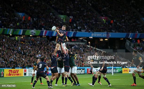 Louis Stanfill of the United States takes a clean line out ball during the 2015 Rugby World Cup Pool B match between South Africa and USA at Olympic...