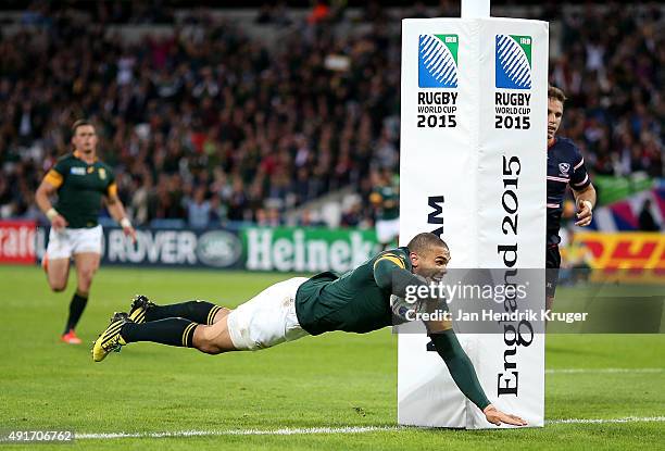 Bryan Habana of South Africa goes over for his second try during the 2015 Rugby World Cup Pool B match between South Africa and USA at Olympic...