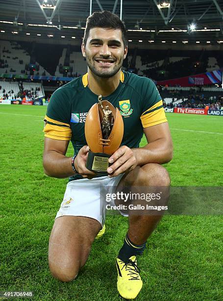 Man of the Match Damian de Allende of South Africa poses during the Rugby World Cup 2015 Pool B match between South Africa and USA at the Olympic...