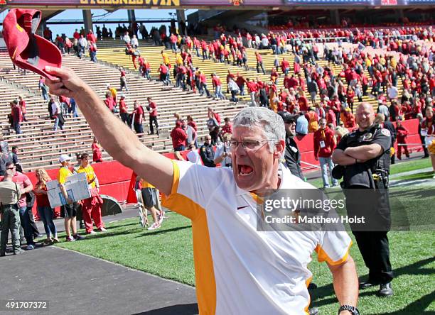 Head coach Paul Rhoads of the Iowa State Cyclones waves to the fans after their match-up against the Kansas Jayhawks on October 3, 2015 at Jack Trice...