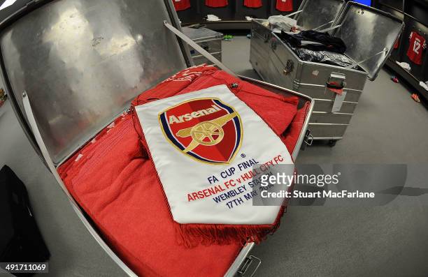 The Arsenal match pennant in the changing room before the FA Cup Final between Arsenal and Hull City at Wembley Stadium on May 17, 2014 in London,...