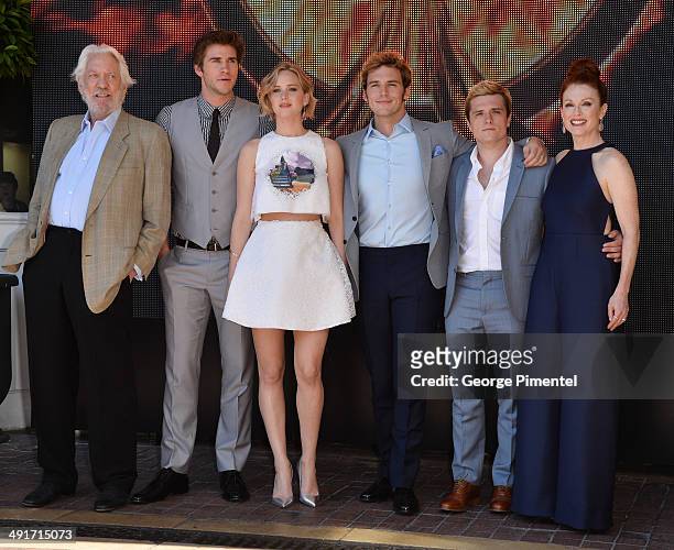 Actors Donald Sutherland, Liam Hemsworth, Jennifer Lawrence, Sam Claflin, Josh Hutcherson and Julianne Moore attend 'The Hunger Games: Mockingjay...
