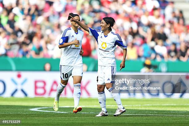 Kozue Ando of Frankfurt celebrates her team's first goal during the Women's DFB Cup Final between SGS Essen and 1. FFC Frankfurt at...