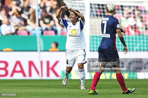 Kozue Ando of Frankfurt celebrates her team's first goal during the Women's DFB Cup Final between SGS Essen and 1. FFC Frankfurt at...