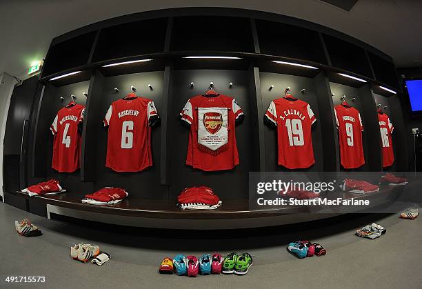 The Arsenal match shirts hang in the changing room before the FA Cup Final between Arsenal and Hull City at Wembley Stadium on May 17, 2014 in...