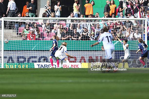 Kozue Ando of Frankfurt celebrates her team's first goal during the Women's DFB Cup Final between SGS Essen and 1. FFC Frankfurt at...