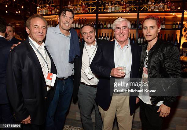 Jim Wiatt, Tim Armstrong, John Murray, Ron Conway and actor Jared Leto attend the Vanity Fair New Establishment Summit cocktail party at The Ferry...