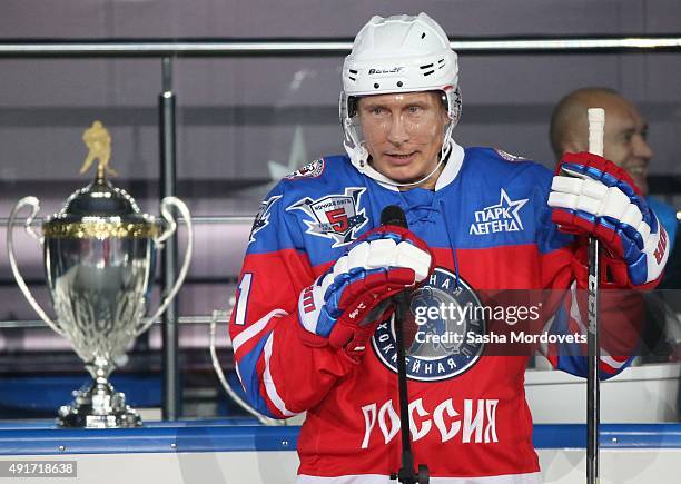 Russian President Vladimir Putin attends an ice hockey match of the Night Hockey League on October 7, 2015 in Sochi, Russia. Russian President...