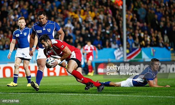 Lasha Malaguradze of Georgia scores their second try during the 2015 Rugby World Cup Pool C match between Namibia and Georgia at Sandy Park on...