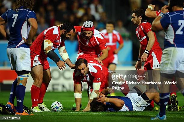 Mamuka Gorgodze of Georgia goes over to score the first try during the 2015 Rugby World Cup Pool C match between Namibia and Georgia at Sandy Park on...