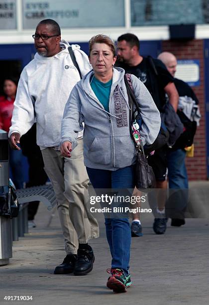 Fiat Chrysler Automobile workers exit from the Warren Truck Assembly Plant at the end of their shift October 7, 2015 in Warren, Michigan. The United...