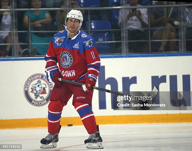 Russian President Vladimir Putin attends an ice hockey match of the Night Hockey League on October 7, 2015 in Sochi, Russia. Russian President...