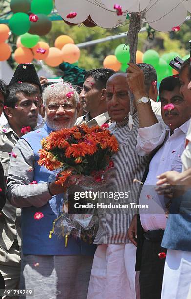 Prime ministerial candidate Narendra Modi along with BJP president Rajnath Singh and other party senior leaders arrive to attend BJP parliament board...