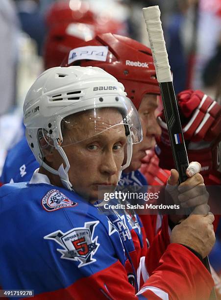 Russian President Vladimir Putin attends an ice hockey match of the Night Hockey League on October 7, 2015 in Sochi, Russia. Russian President...