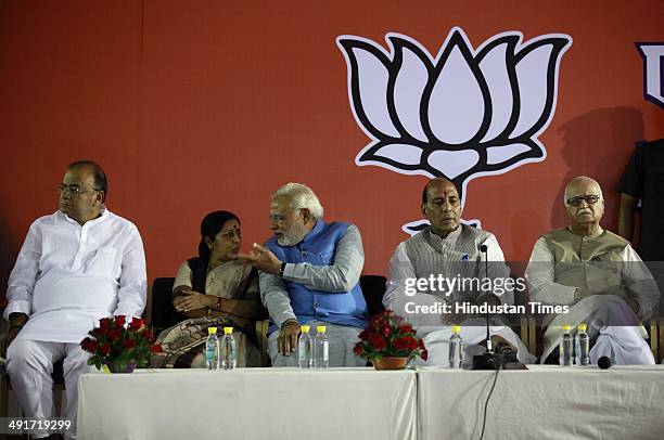 Prime ministerial candidate Narendra Modi along with BJP president Rajnath Singh and party senior leaders Arun Jaitely, Sushma Swaraj and LK Advani...