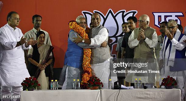 Prime ministerial candidate Narendra Modi along with BJP president Rajnath Singh and party senior leaders Arun Jaitely, Sushma Swaraj and LK Advani...