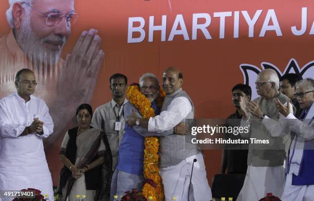 Prime ministerial candidate Narendra Modi along with BJP president Rajnath Singh and party senior leaders Arun Jaitely, Sushma Swaraj and LK Advani...