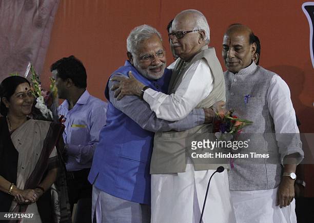 Prime ministerial candidate Narendra Modi along with BJP president Rajnath Singh and party senior leaders Arun Jaitely, Sushma Swaraj and LK Advani...