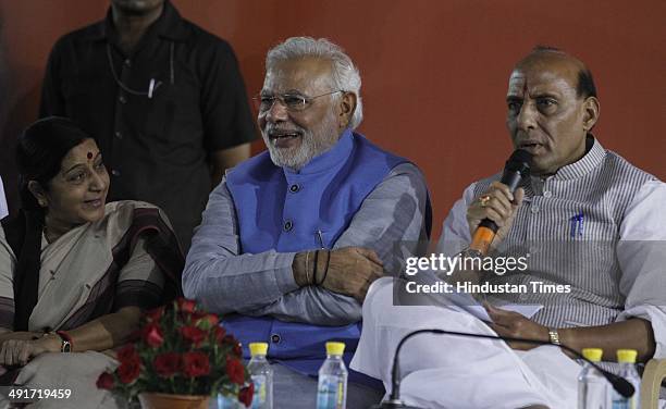 Prime ministerial candidate Narendra Modi along with BJP president Rajnath Singh and party senior leader Sushma Swaraj during the BJP parliament...