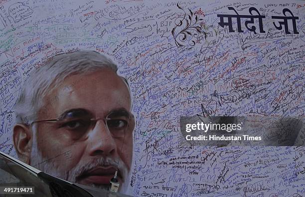 Huge placard erected inside BJP Headquarter, meant to wish BJP prime minister candidate Narendra Modi during the BJP parliament board meeting, after...