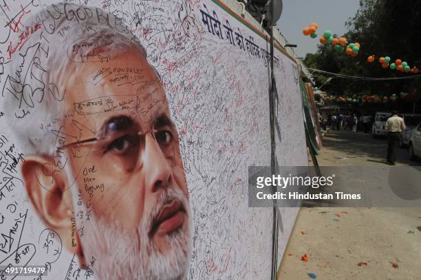 Huge placard erected inside BJP Headquarter, meant to wish BJP prime minister candidate Narendra Modi during the BJP parliament board meeting, after...