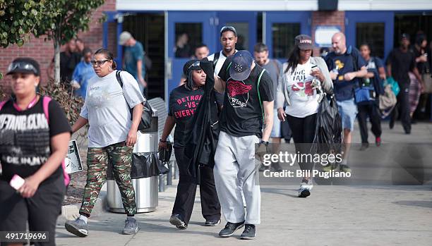 Fiat Chrysler Automobile workers exit from the Warren Truck Assembly Plant at the end of their shift October 7, 2015 in Warren, Michigan. The United...