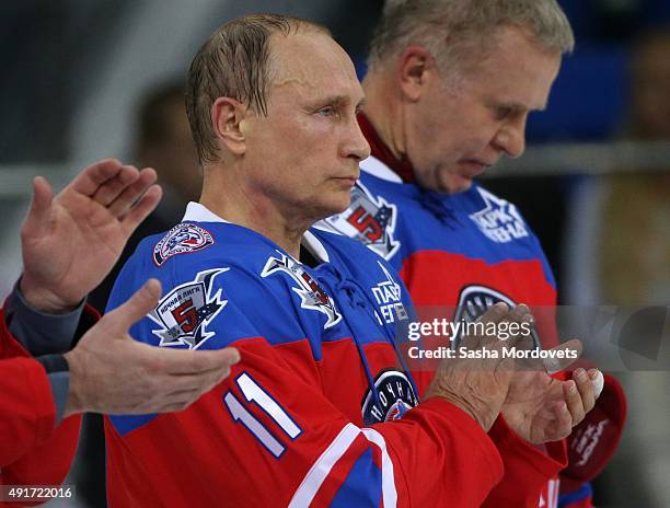 Russian President Vladimir Putin attends an ice hockey match of the Night Hockey League on October 7, 2015 in Sochi, Russia. Putin spends his 63rd...