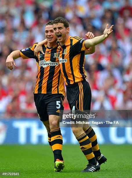 James Chester of Hull City celebrates scring the opening goal with Alex Bruce of Hull City during the FA Cup with Budweiser Final match between...