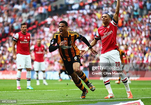 Curtis Davies of Hull City celebrates as he scores their second goal during the FA Cup with Budweiser Final match between Arsenal and Hull City at...