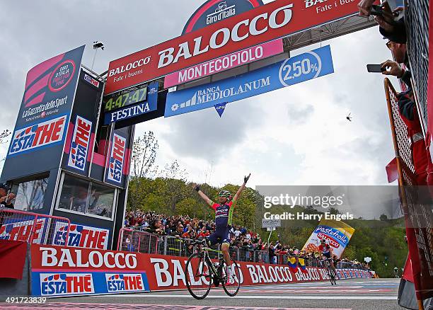 Diego Ulissi of Italy and team Lampre-Merida celebrates winning the eighth stage of the 2014 Giro d'Italia, a 179km medium mountain stage between...
