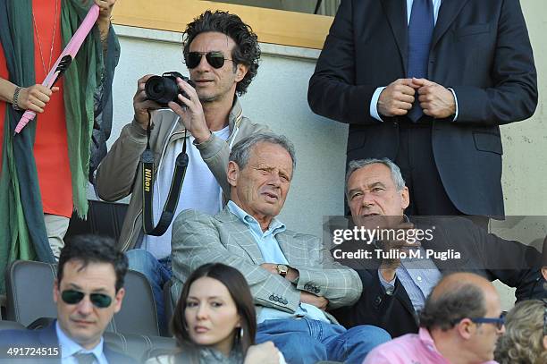 Actor Salvo Ficarra , President of US Citta di Palermo Maurizio Zamparini and President of Italian Senate Pietro Grasso look on in VIP-standing...