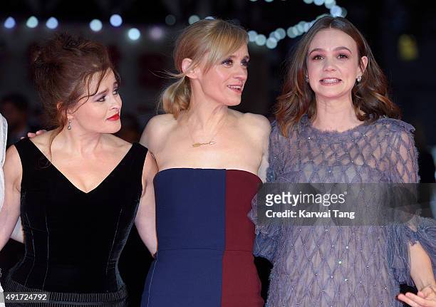 Helena Bonham Carter, Anne-Marie Duff and Carey Mulligan attend a screening of "Suffragette" on the opening night of the BFI London Film Festival at...