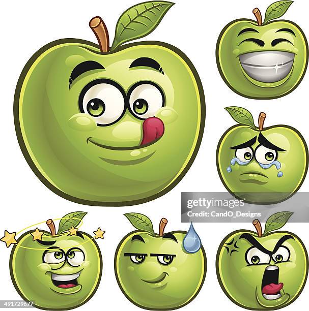 ilustraciones, imágenes clip art, dibujos animados e iconos de stock de green apple conjunto de dibujos animados - transpirando