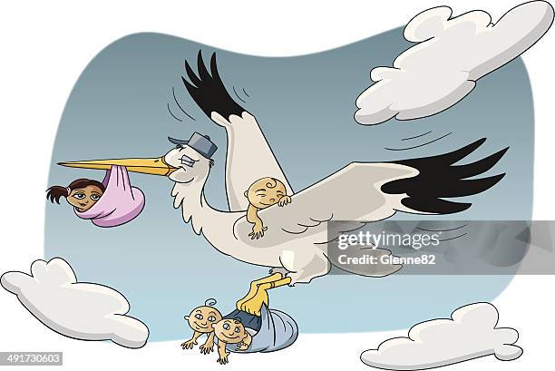 stork bringing babies - family with four children stock illustrations