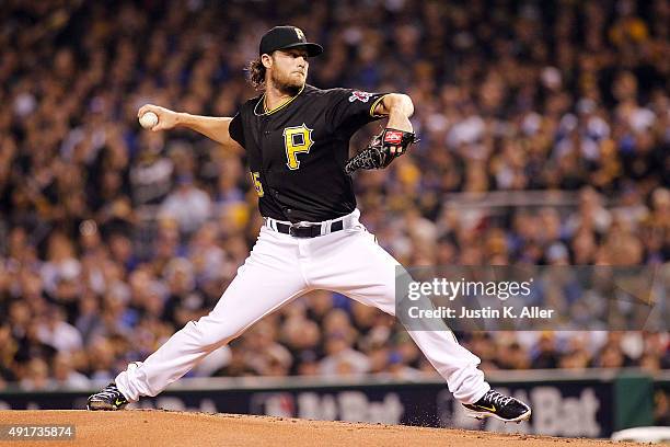 Gerrit Cole of the Pittsburgh Pirates throws a pitch in the first inning during the National League Wild Card game against the Chicago Cubs at PNC...