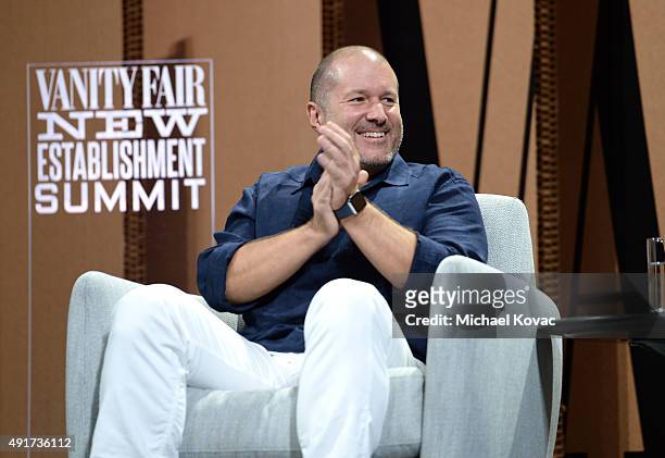AppleChief Design Officer Jonathan Ive speak onstage during "Changing Worlds, Inventing Worlds" at the Vanity Fair New Establishment Summit at Yerba...